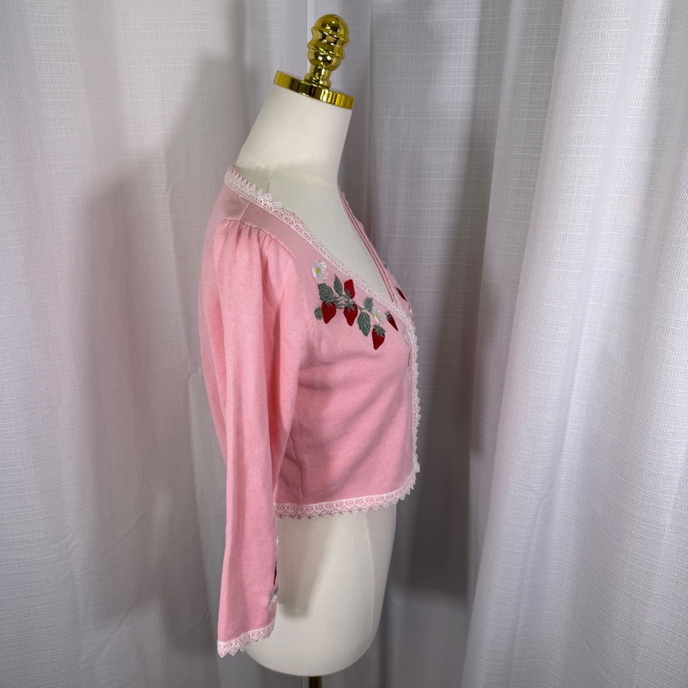 NWOT Dolls Kill x Strawberry Shortcake Pink Embroidered Crop Cardigan Medium - Picture 4 of 13